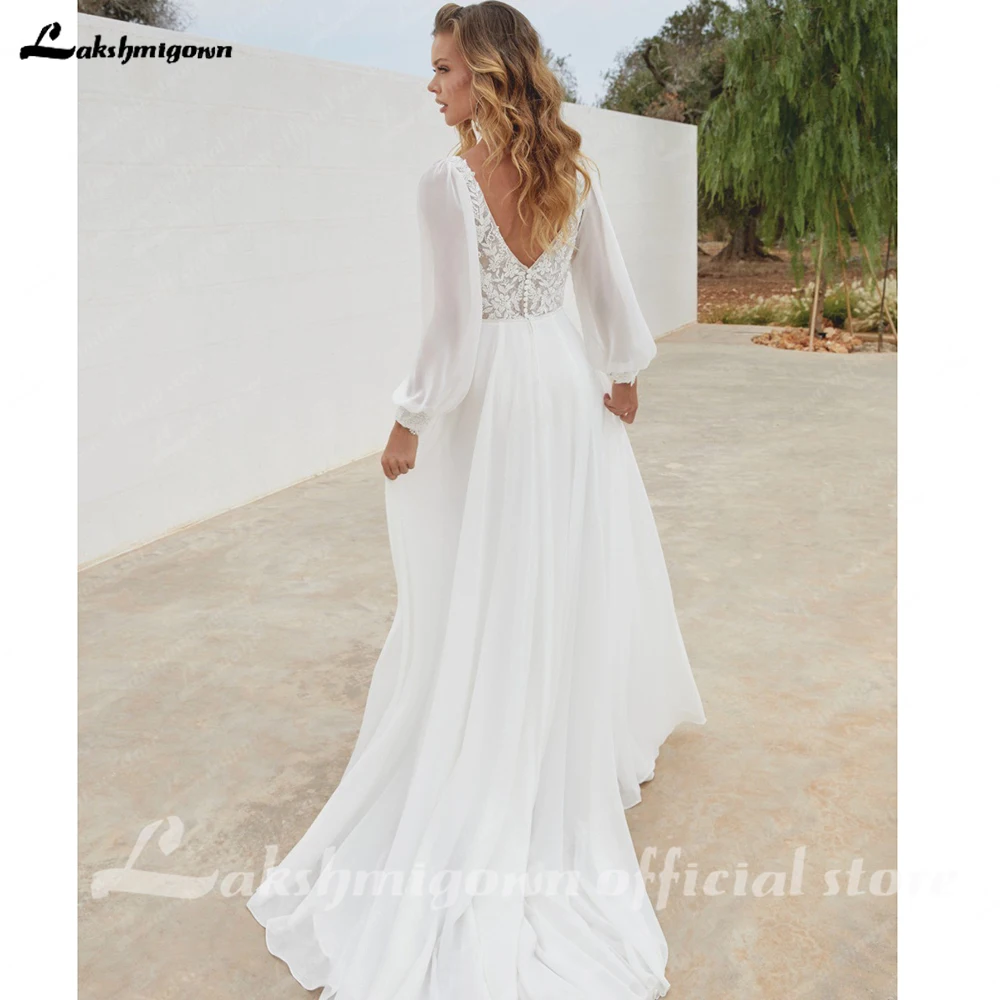 Lakshmigown Chiffon V-Ausschnitt Hochzeitskleid Braut Applikation A-Linie Ziviles Doppel-V-Ausschnitt Puffärmel Brautkleider Maßanfertigung – Detail 6