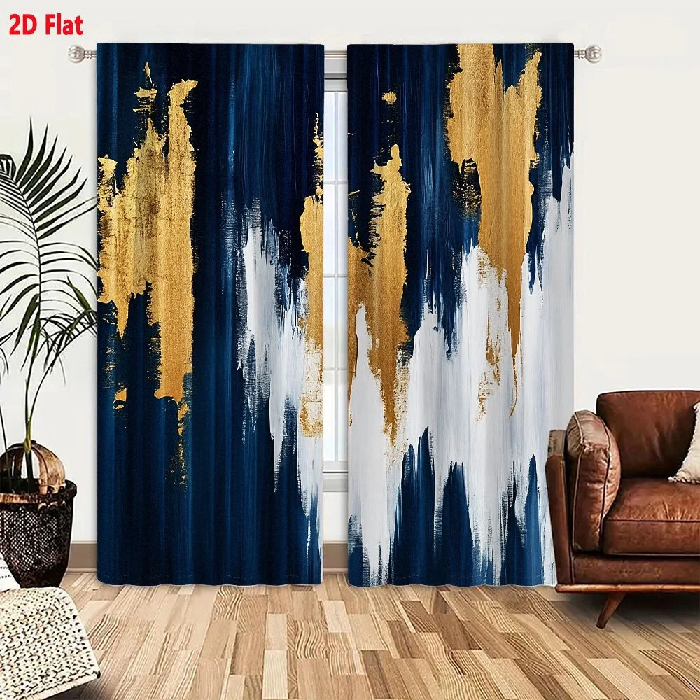2Pcs Curtains 2D Flat Bold Abstract Painting With Deep Navy Blue Metallic Gold And Bright White Vertical Brushstrokes Window Dra