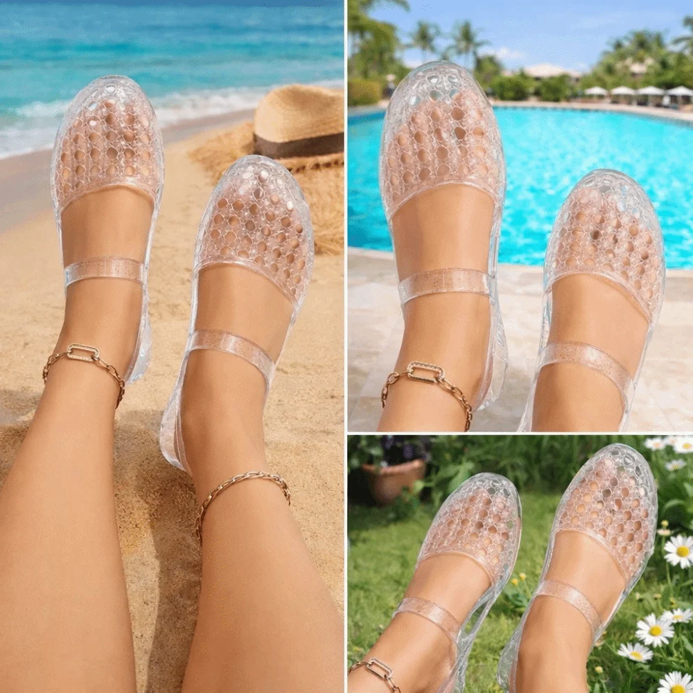 

Comfortable Soft Sole Crystal Sandals Transparent Anti-slip Hollow Out Flip-Flops Flat Heel Solid Color Women's Shoes Outdoor