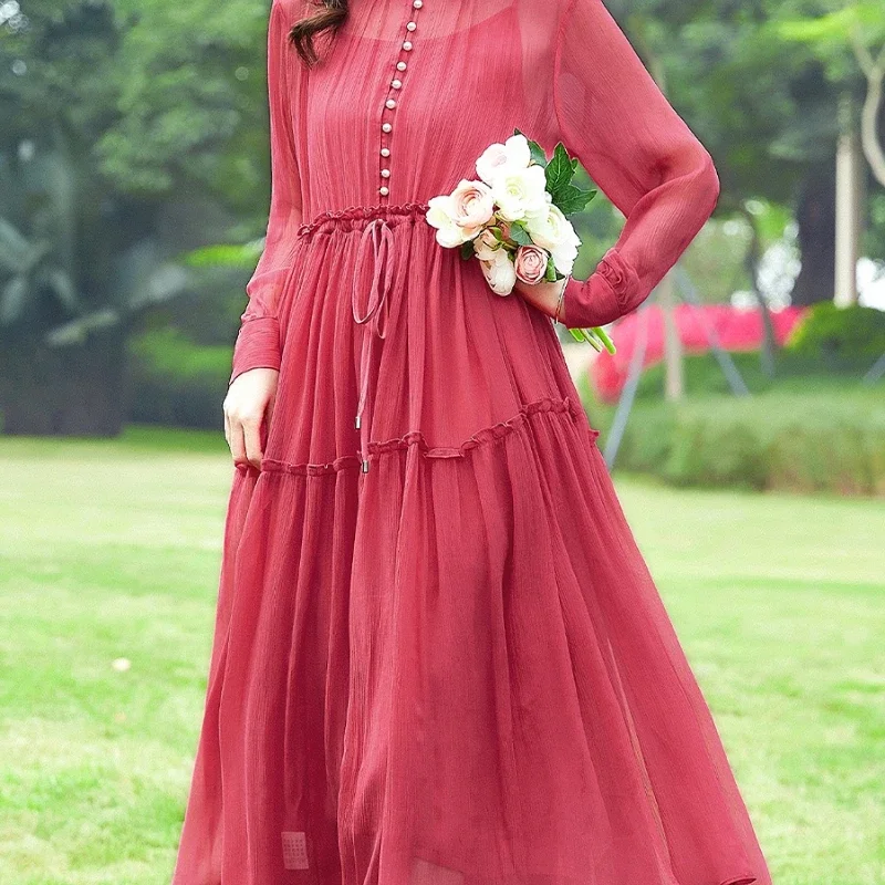 

High-end Dresses For Women Clothes Spring 100% Silk Dress Long Sleeve Elegant Midi Dresses Womens Two Pieces Suit Vestido Mujer