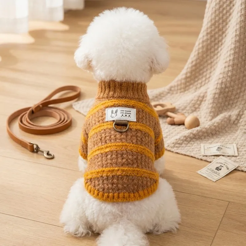 Gestreifter Strickpullover für Hunde, Herbst-Winter-Haustierkleidung, Luxuriöser Warmer Hundemantel, Pullover für Chihuahua, Bichon Frise, Welpenpullover mit D-Ring