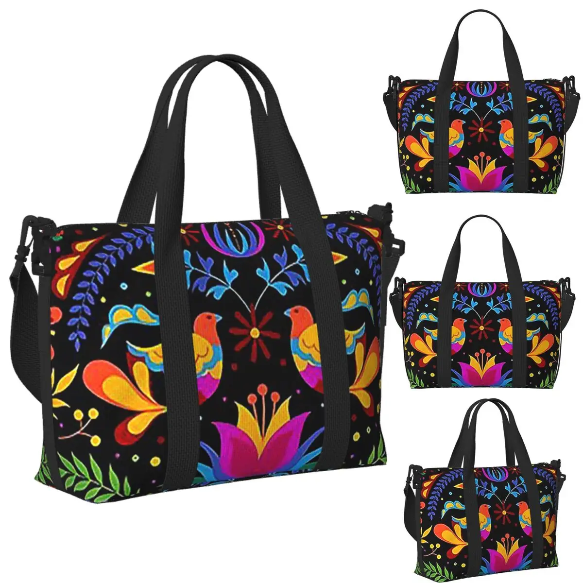

Custom Mexican Flowers And Birds Beach Travel Bag Large Capacity Tote Bags for Gym Yoga Women Shopping Duffle Shoulder Bag