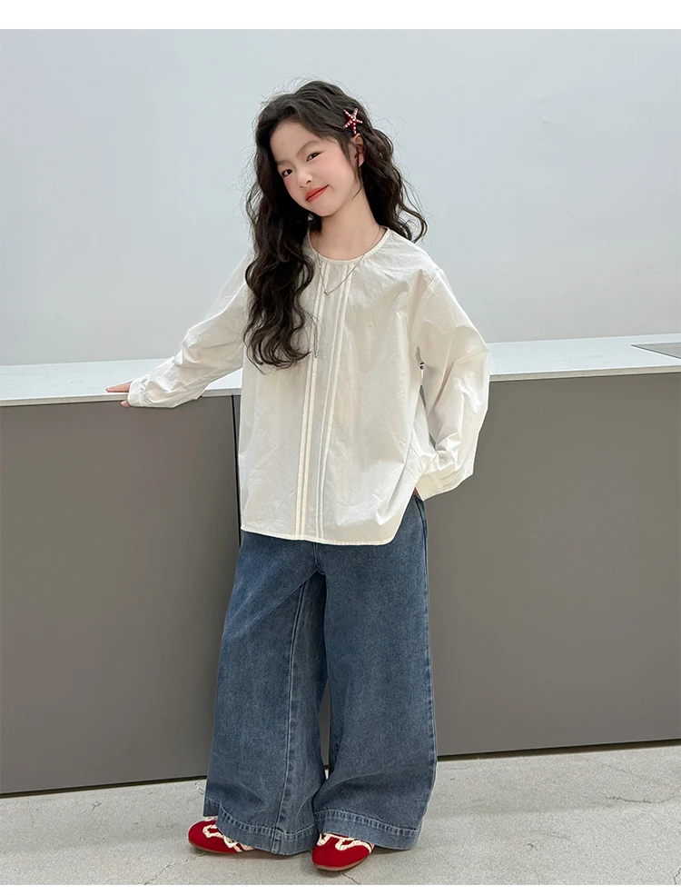 Kinderkleidung Mädchen Frühling Herbst 2026 Langarm-Shirt mit Spaghetti-Träger-Oberteil und Weitbein-Jeans Dreiteiliges Set – Detail 10