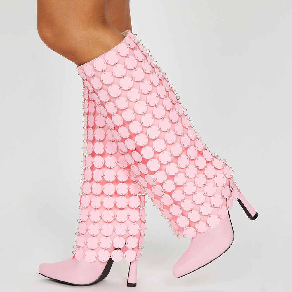 Pink Circular Disc Fringe Knee High Stiletto Boots Sequined Cutout Design Pointed-Toe Leather Tall Heeled Boots Runway Footwear