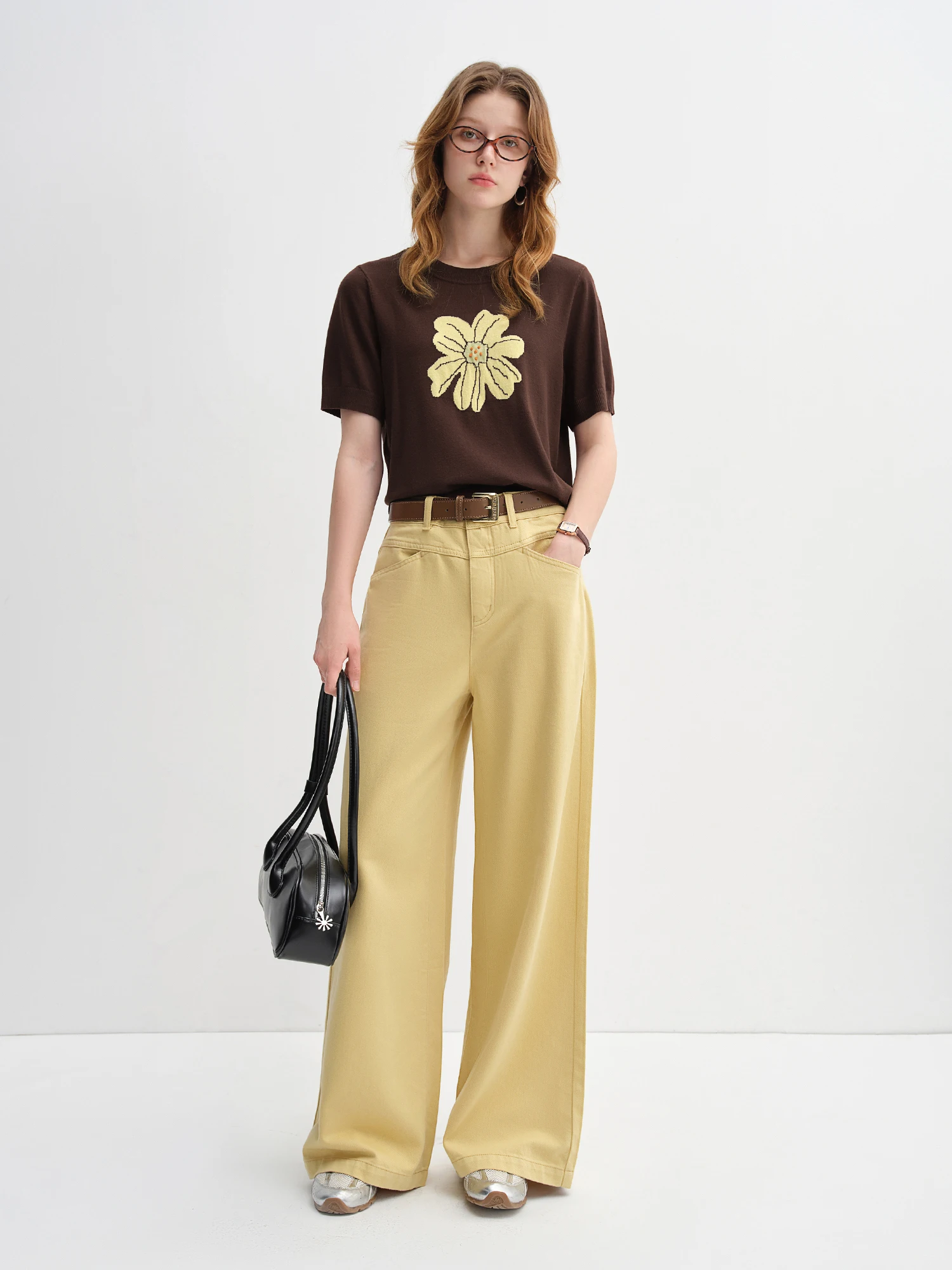 ​ DUSHU خريف 2025 بلوزة متماسكة الأزهار - بلوزة كاجوال بأكمام قصيرة للنساء ملابس يومية تي شيرت ناعم منقوش ​