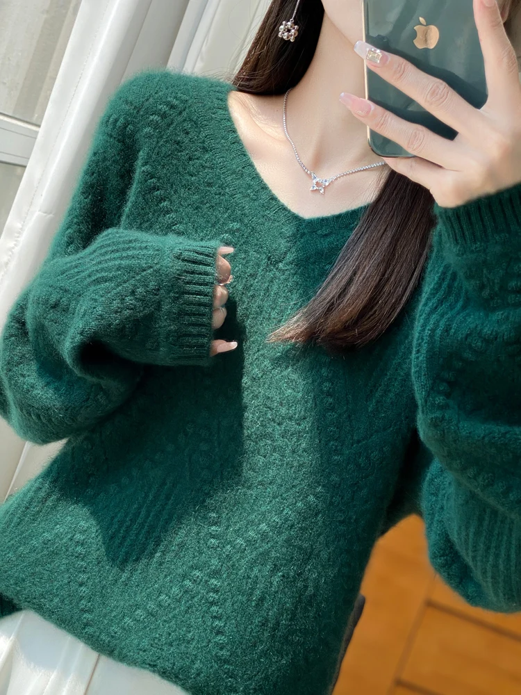 100% Merino Wool Sweater Women Thick Cable Knit V Neck Pullover Autumn Winter Warm Heavyweight Knit Top Fashion Casual Jumper
