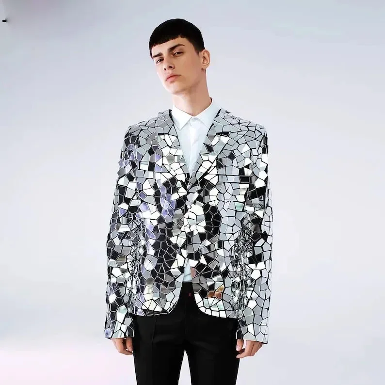 Mirror Jacket Glass Man Performance Costume Shiny Mirror Diamond Suit Coat Star Blazers Men Singer Celebrate Outfit