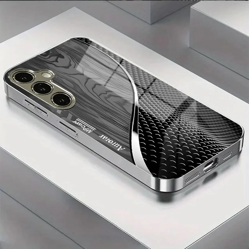 Black and white textured glass phone case suitable for Samsung Galaxy S26 S25 S24 S23 S22 S20 FE/Ultra/Plus anti drop back cover