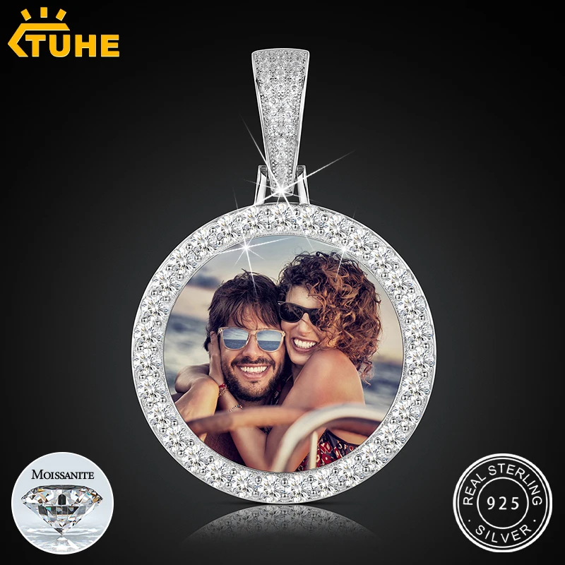 

Round Medallions Custom Photo Pendant Necklace For Men Hip Hop Jewelry 925 Sterling Silver Pendant Bling 18K White Gold Plated