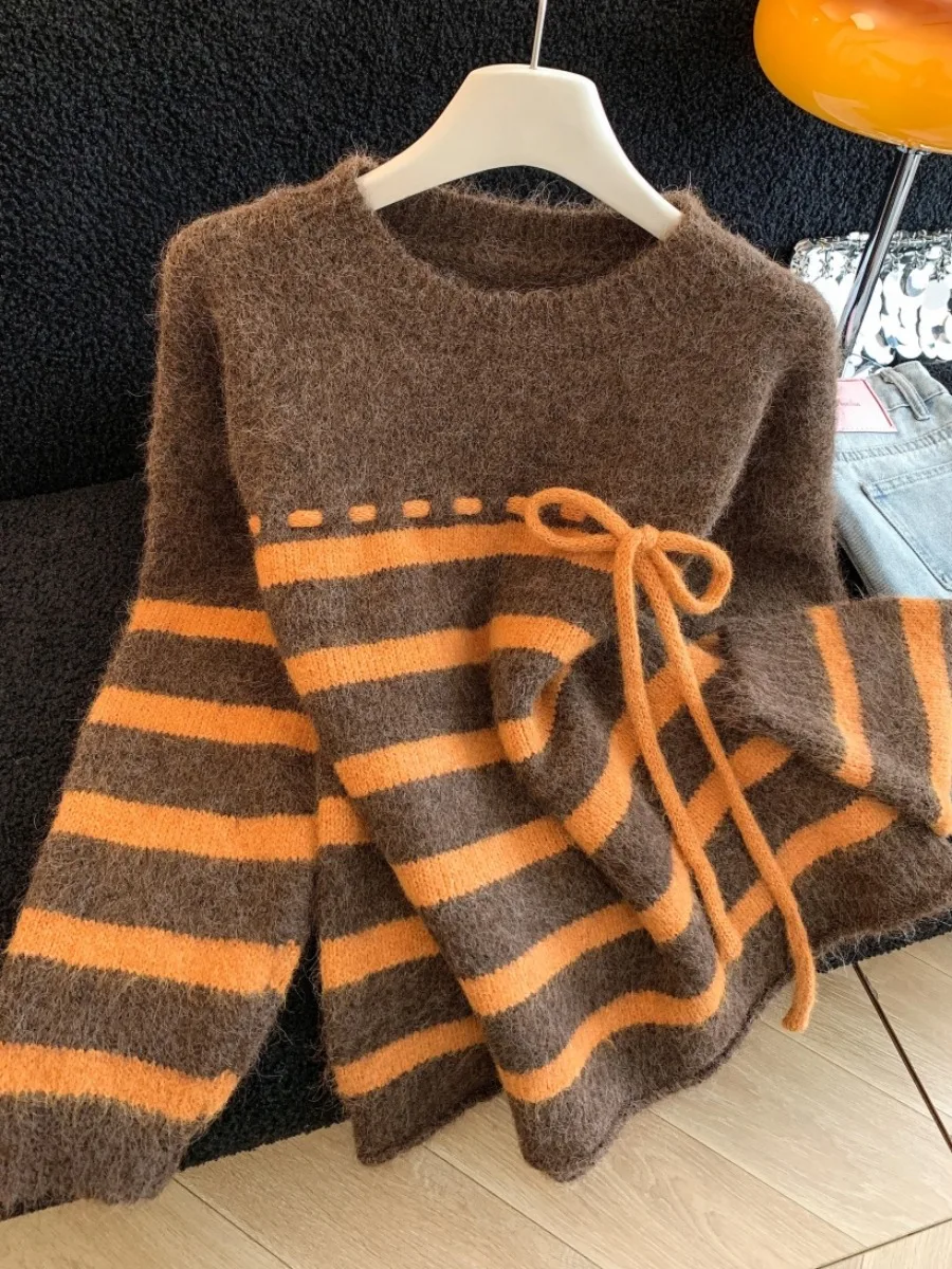 Women's Loose Fit Striped Knitwear Belted Self-Kee Sle Autumn Winter New Lazy Faion Sweater Warm Thiened Long Sve