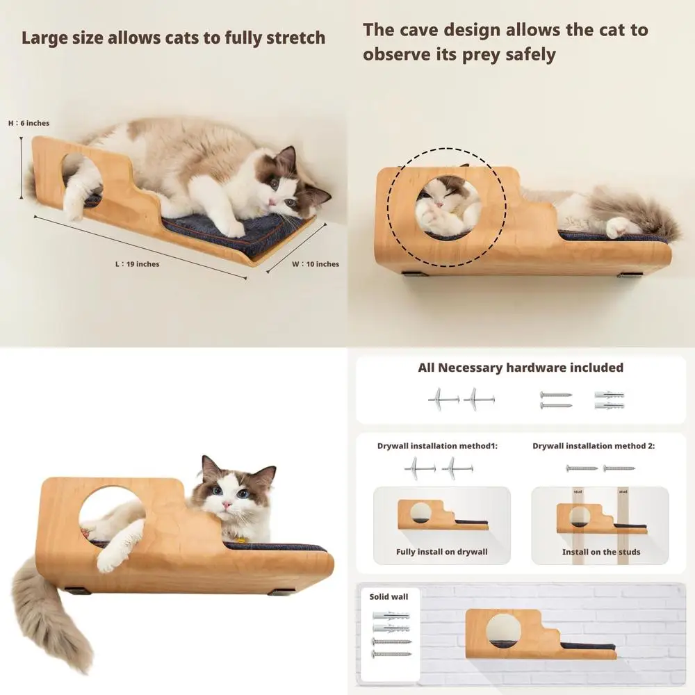 

19x10 Inch Wall-Mounted Cat Shelf with Peekhole, Comfort Pad, and Scratching Surface