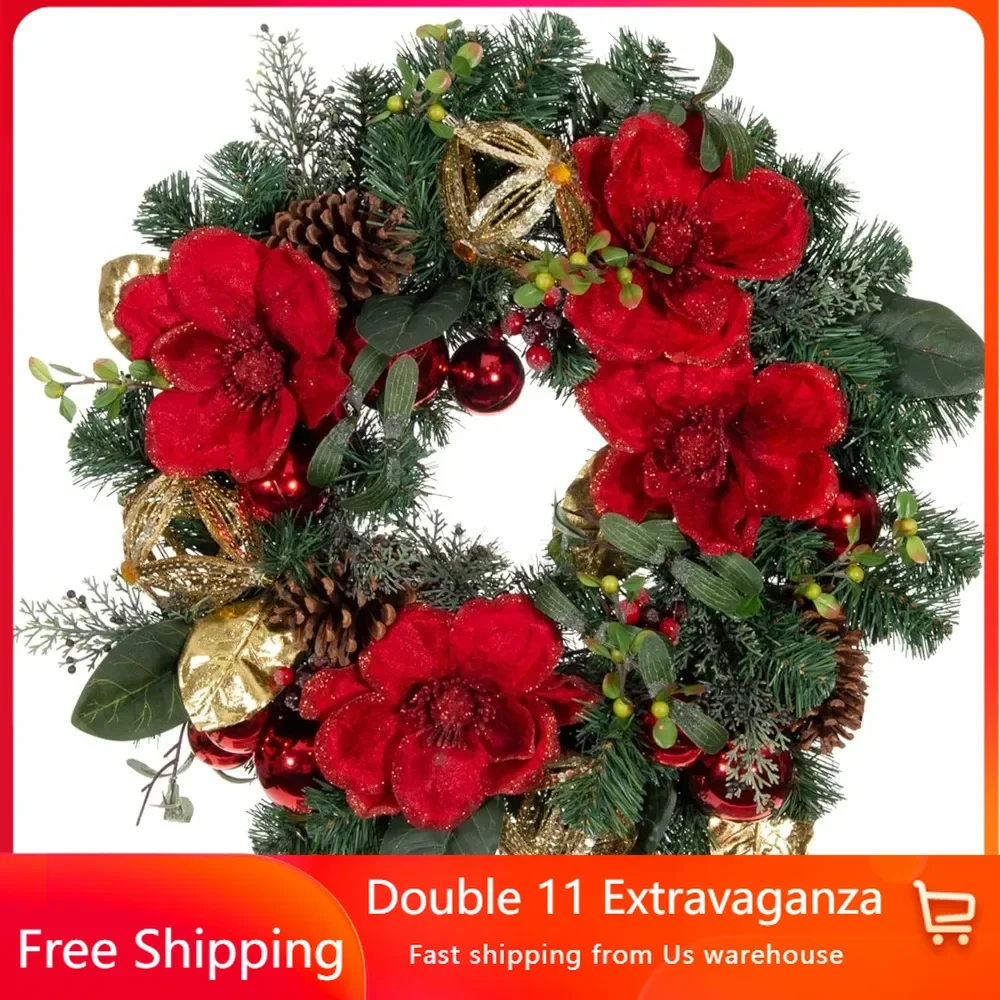 24 Inch Artificial Christmas Wreath, Pre Installed with 35 Warm Transparent LED Lights - Including Remote Battery Powered Timer