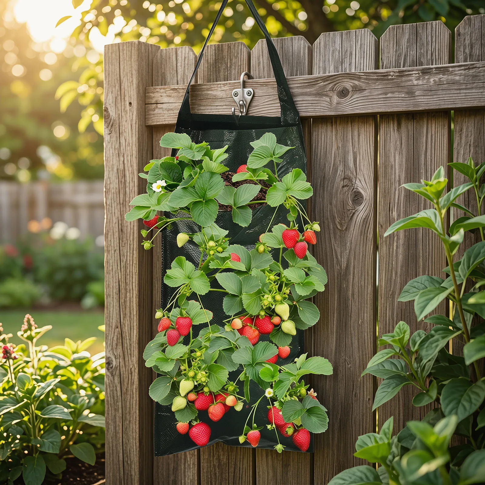 Hanging Strawberry Growbag Planter 6-Hole Grow Bag Vertical Garden Vegetable Planting Pots for Upside Down Tomatoes Balcony