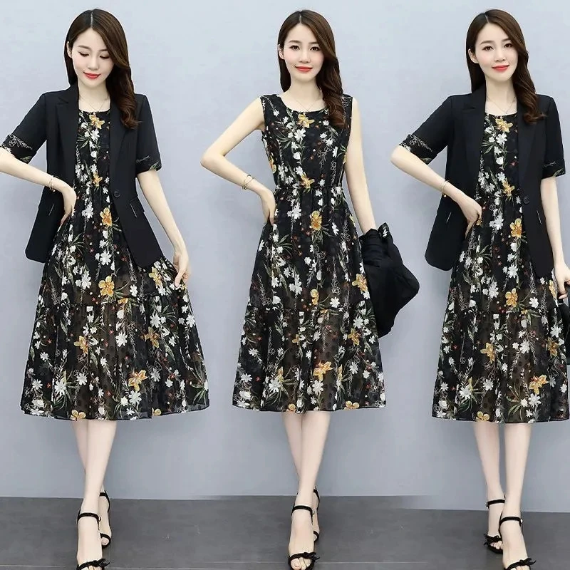 Single/Suit Women Knee Length Dress Suits Double Breasted Blazer Long Sleeve Dresses Ladies Office Wear 2 Piece Set Green Suit