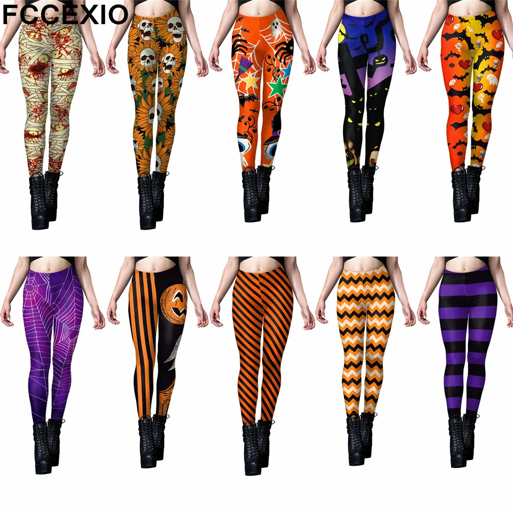 

FCCEXIO Halloween Women Leggings Stripe Skull Web Print Sexy Leggins Slim Fitness Legging Push Up Stretch Leggins Mujer