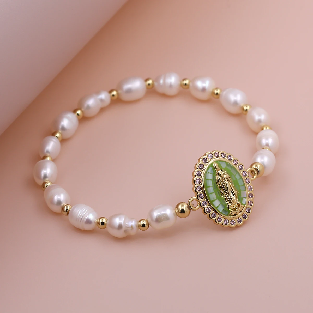 2024 Newest Shell Pearl Bead adjustable Zirconia Paved Virgin Mary Religious Cz white Elastic line Bracelet For Women