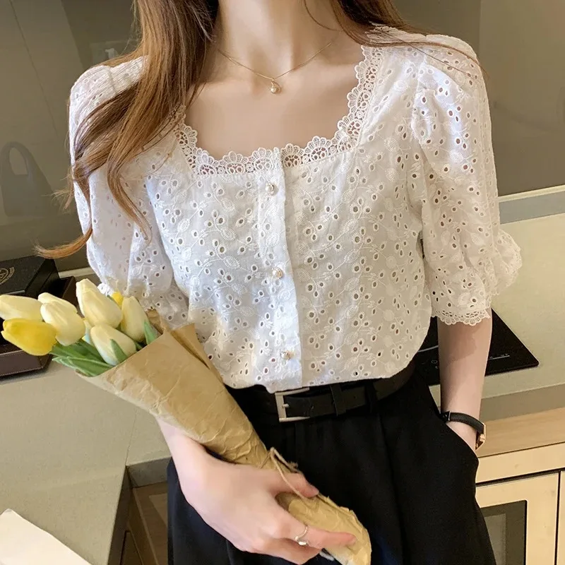 Vintage Hook Hollow Flower Tops Elegant Lace Shirt Elegant Women Clothes Summer Square Collar Short Sleeve Blouse Blusas 13934