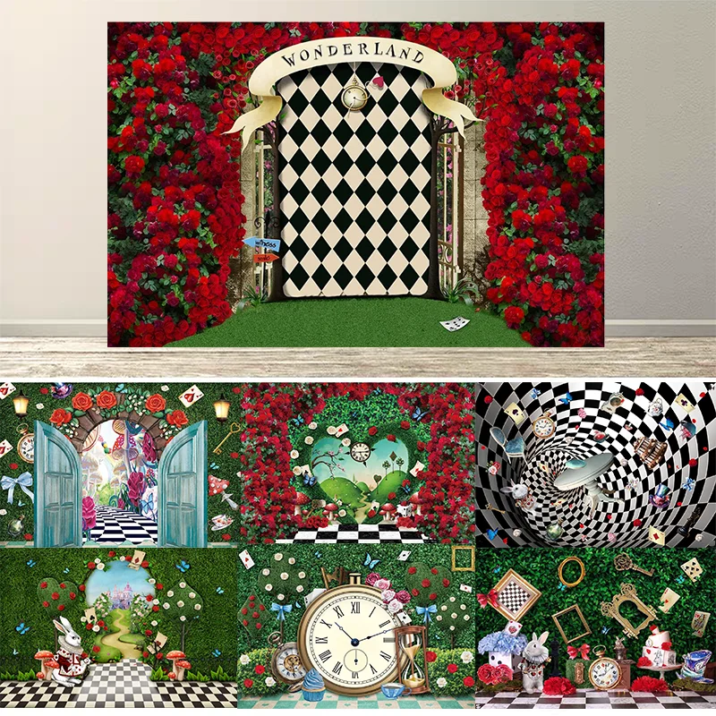 العجائب مسحور حفلة الشاي التصوير خلفية الاطفال خرافة العشب عيد ميلاد خلفية الشطرنج أرنب صور الدعائم
