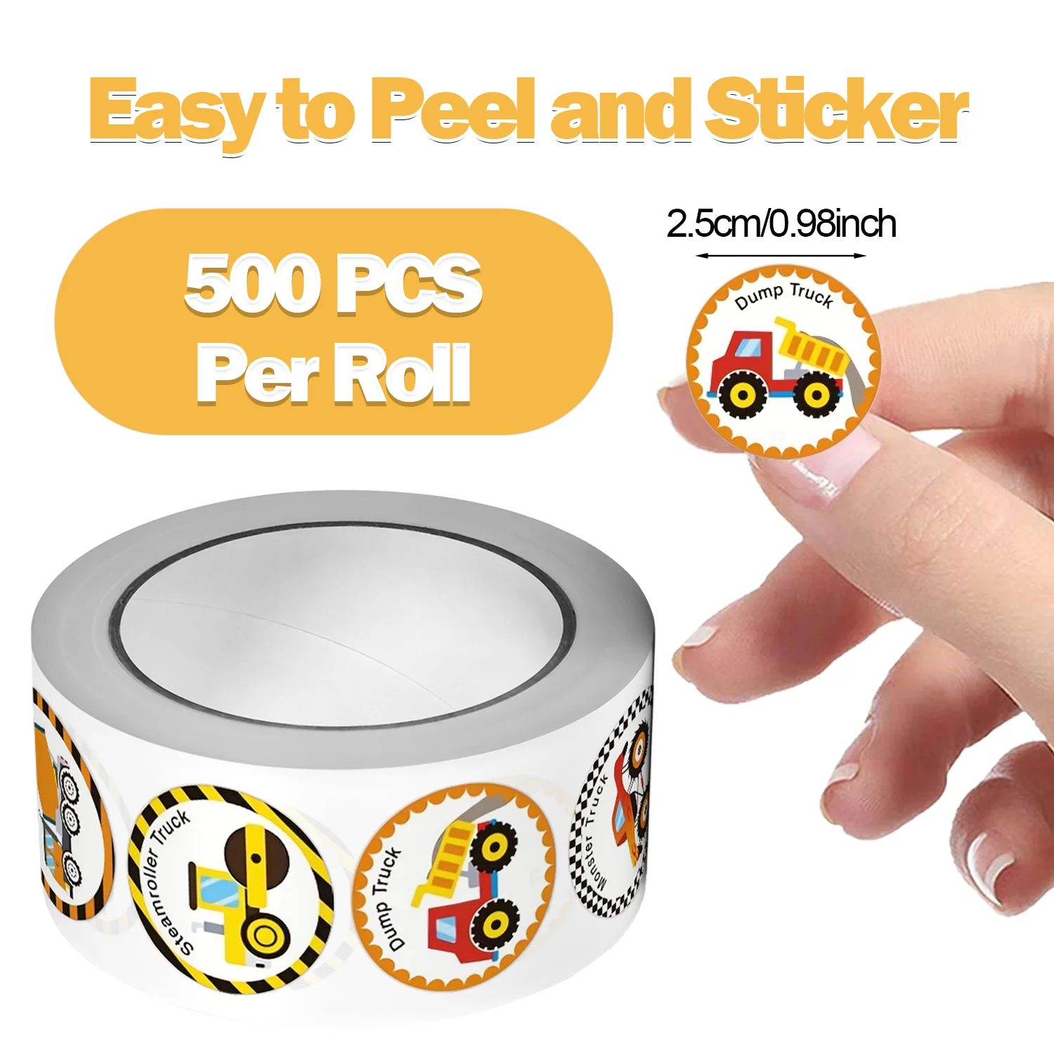 1Roll(500Pcs) Various Cartoon Engineering vehicle Stickers 1 Designs Decals Teacher Reward Labels School Supplies Gift Package