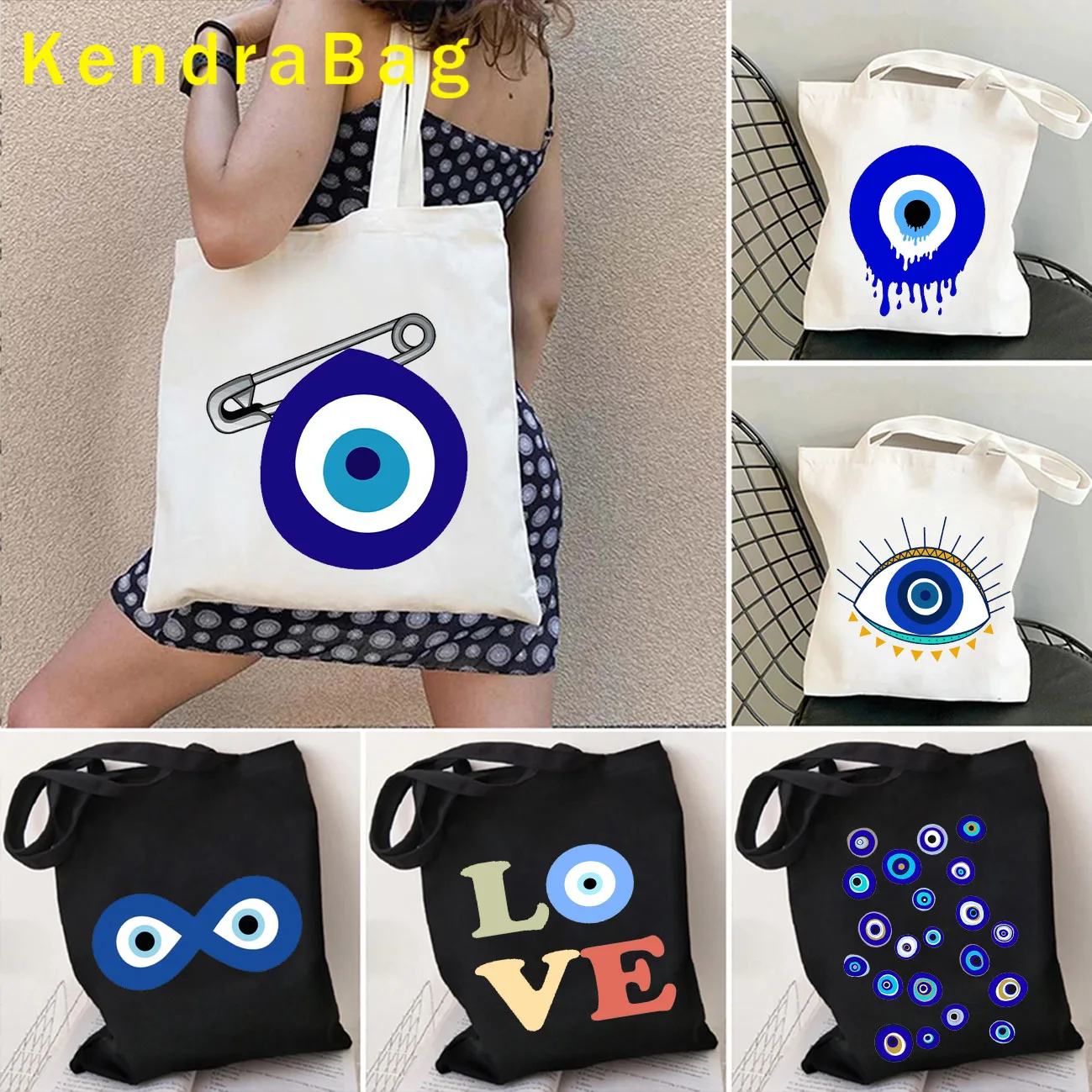 

Turkish Mati Blue Evil Eye Protection Mandala Flower Masallah Nazar Canvas Shoulder Tote Bag Harajuku Shopper Eco Cotton Handbag