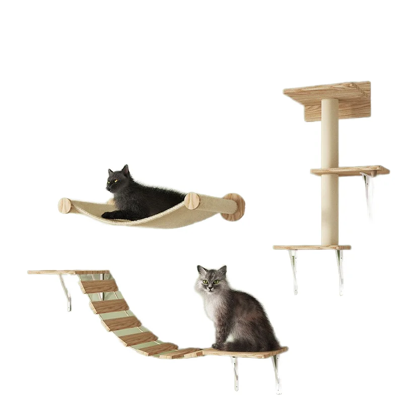 

Modern Stable Wooden Kitty Climber Hammock House Steps Cat Wall Shelves with Scratching Post Beige Wall-Mounted Furniture Set