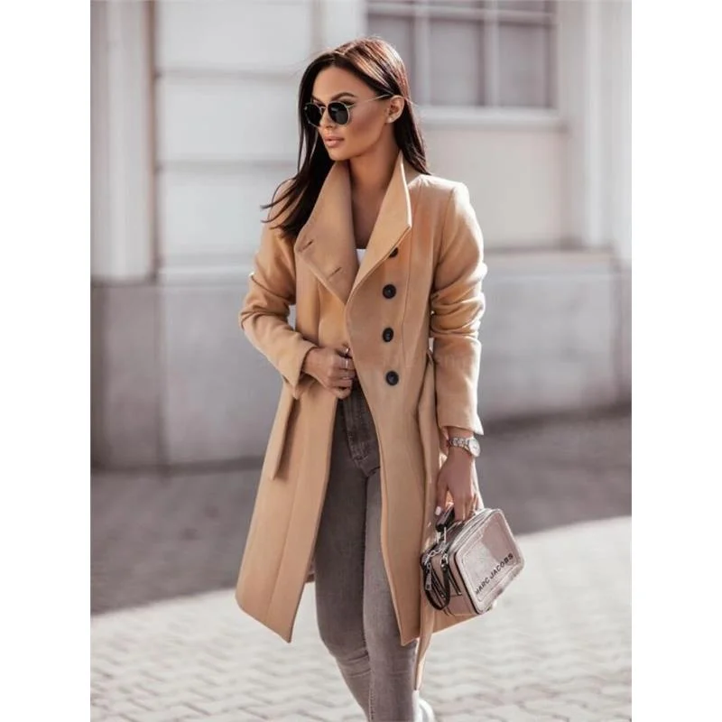 

Женское осенне-зимнее новое шерстяное пальто средней длины с поясом, однотонное, с хлопковой подкладкой, повседневное, с лоскутными вставками