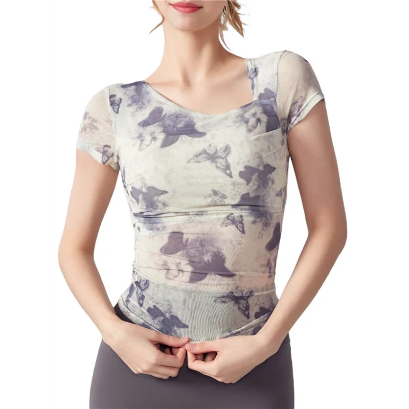 

ABP-Women's Asymmetrical Neck Floral Print Mesh Shirts Ruched Short Sleeve Fitted Blouses