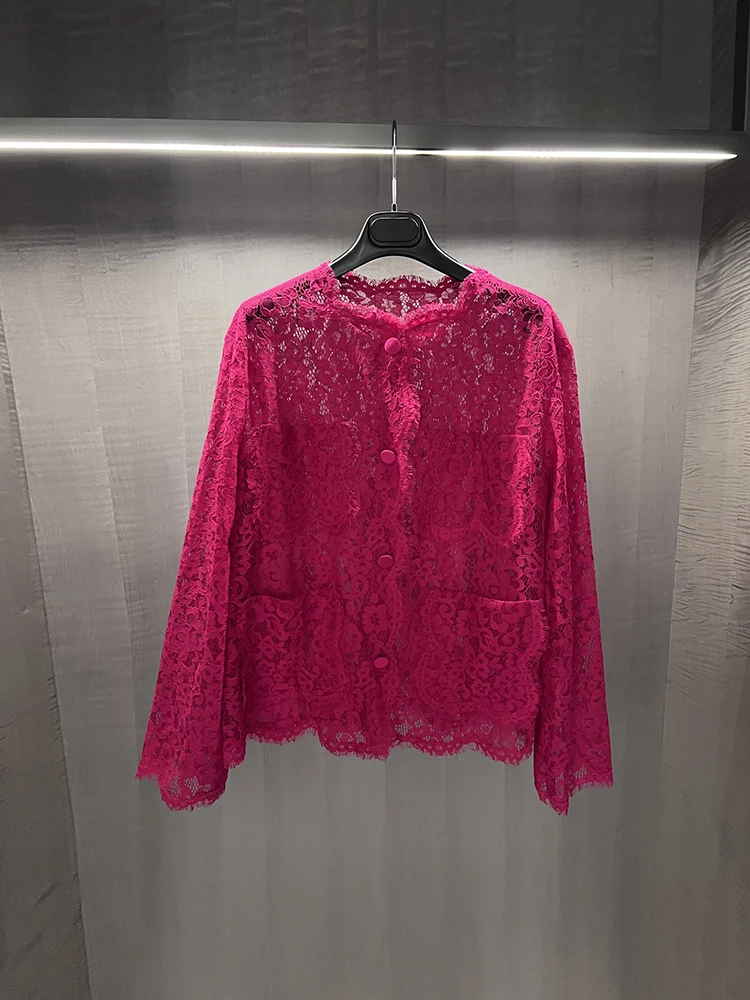 

Spenneooy Runway Designer Летняя мода Розово-красный винтажный кардиган Женские кружевные топы с круглым вырезом и цветочным принтом на крючках с длинными рукавами