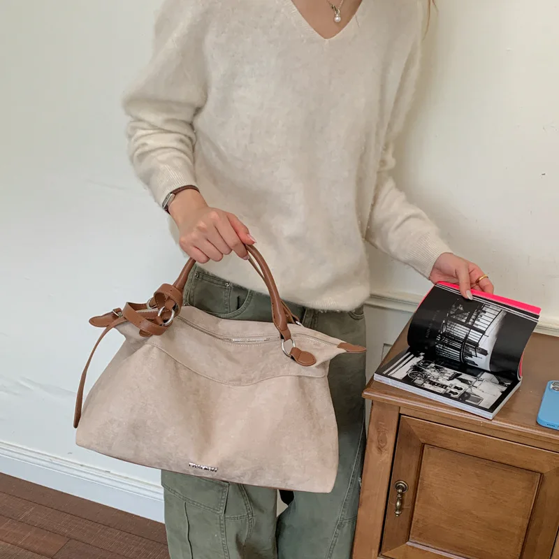 Retro Olive‑Green Faux Suede Pillow Handbag Women Zipper Large Capacity Shoulder Crossbody Bag Casual Lazy Style Winter Tote Bag