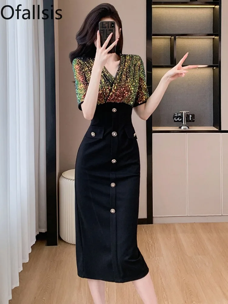 Ofallsis Royal Style French Fashion Temperament V neck Short Sleeved Sequin Dress 2024 Summer New Elegant Black Black Dresses