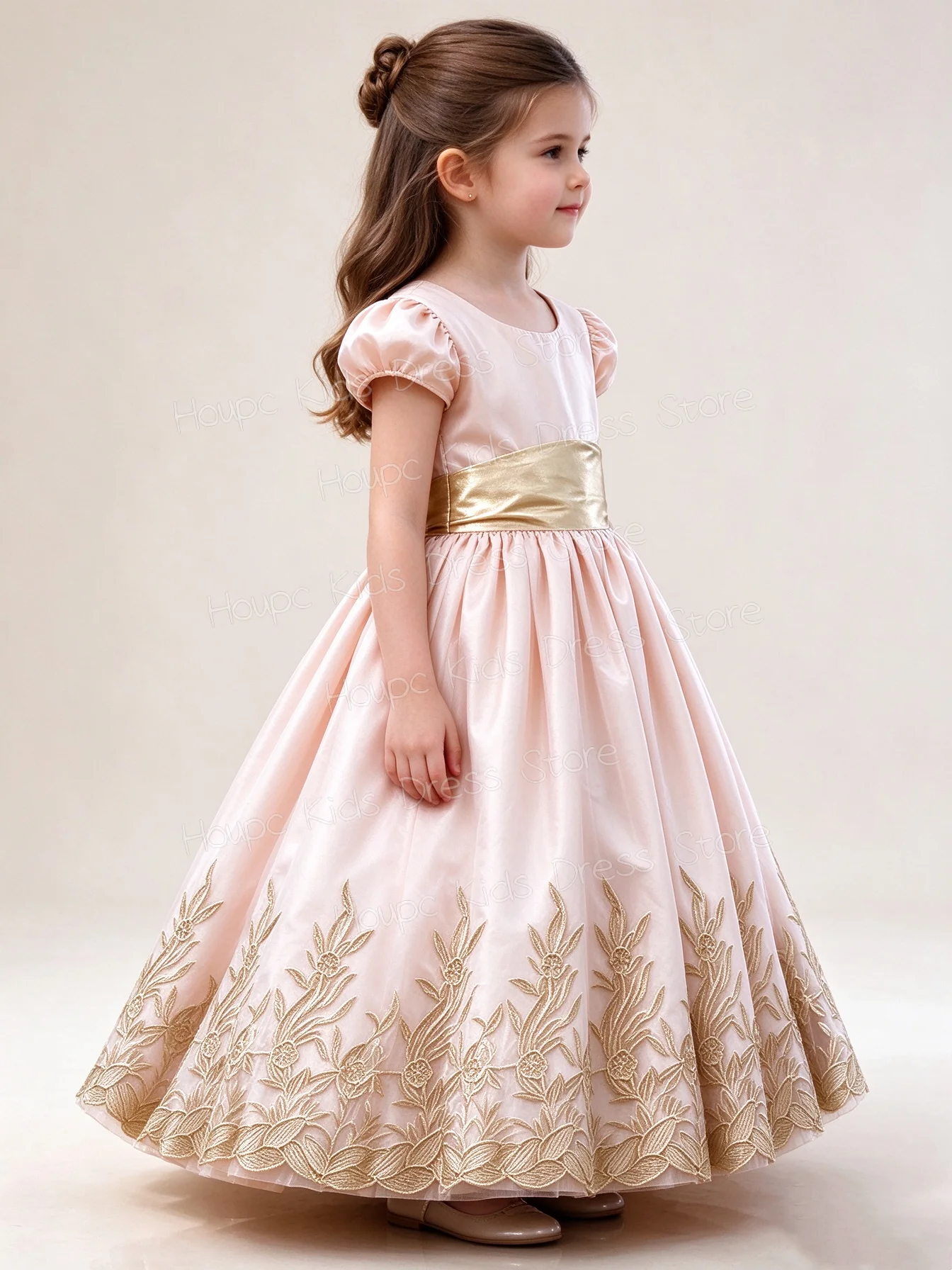 Elegant Girl Pink Flower Girl Dress with Cap Sleeves Gold Belt, Floral Embroidery Puffy Skirt for Children's Beauty Pageants a