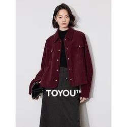 TOYOUTH Women Corduroy Jacket 2024 Winter Long Sleeves Polo Neck Coat Plush Thicken Metal Buttons Outwear Coat