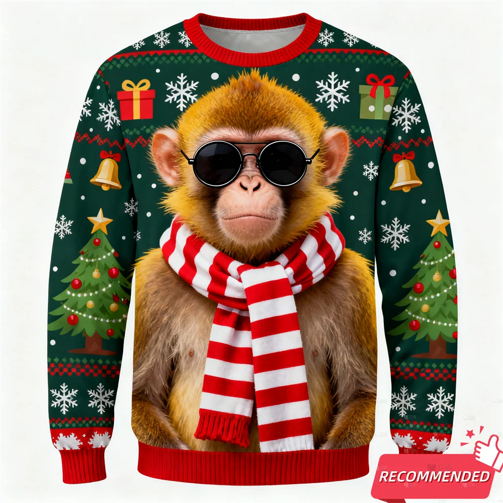 2025 عيد ميلاد سعيد الحيوان بلوزات قبيحة مضحك الغوريلا البطريق ثلاثية الأبعاد طباعة بلوزات للنساء ملابس رجالي رياضية طاقم الرقبة