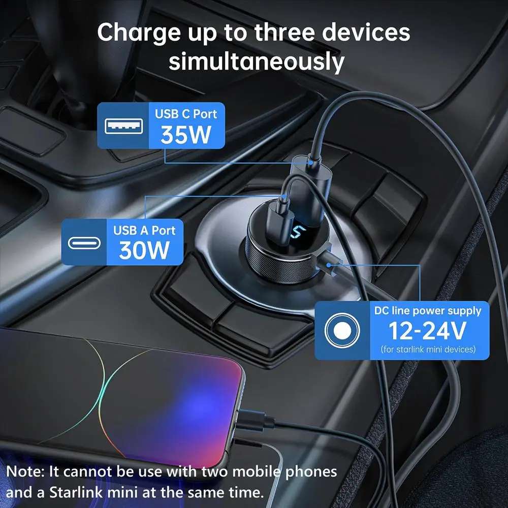 3M/10Ft for Starlink Mini DC Power Cable 65W Fast Charger Type-C USB Socket Cigarette Lighter With LED Voltmeter Digital Display