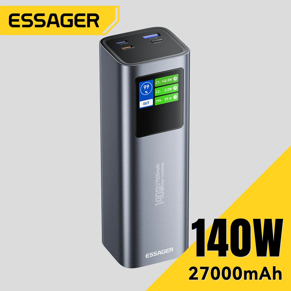 Essager 140W batterie externe 27000mAh chargeur Portable pour ordinateur Portable PD 3.1 charge rapide batterie 4 ports affichage intelligent pour iPhone 17 16