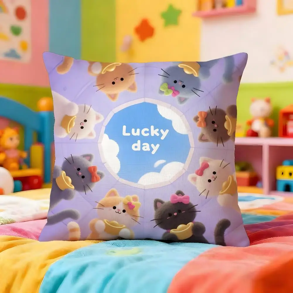 Lucky Cute Cat Crew Cushion Cover Premium Soft Pillowcase Skin-Friendly Breathable Multi-Purpose for Home Office Travel