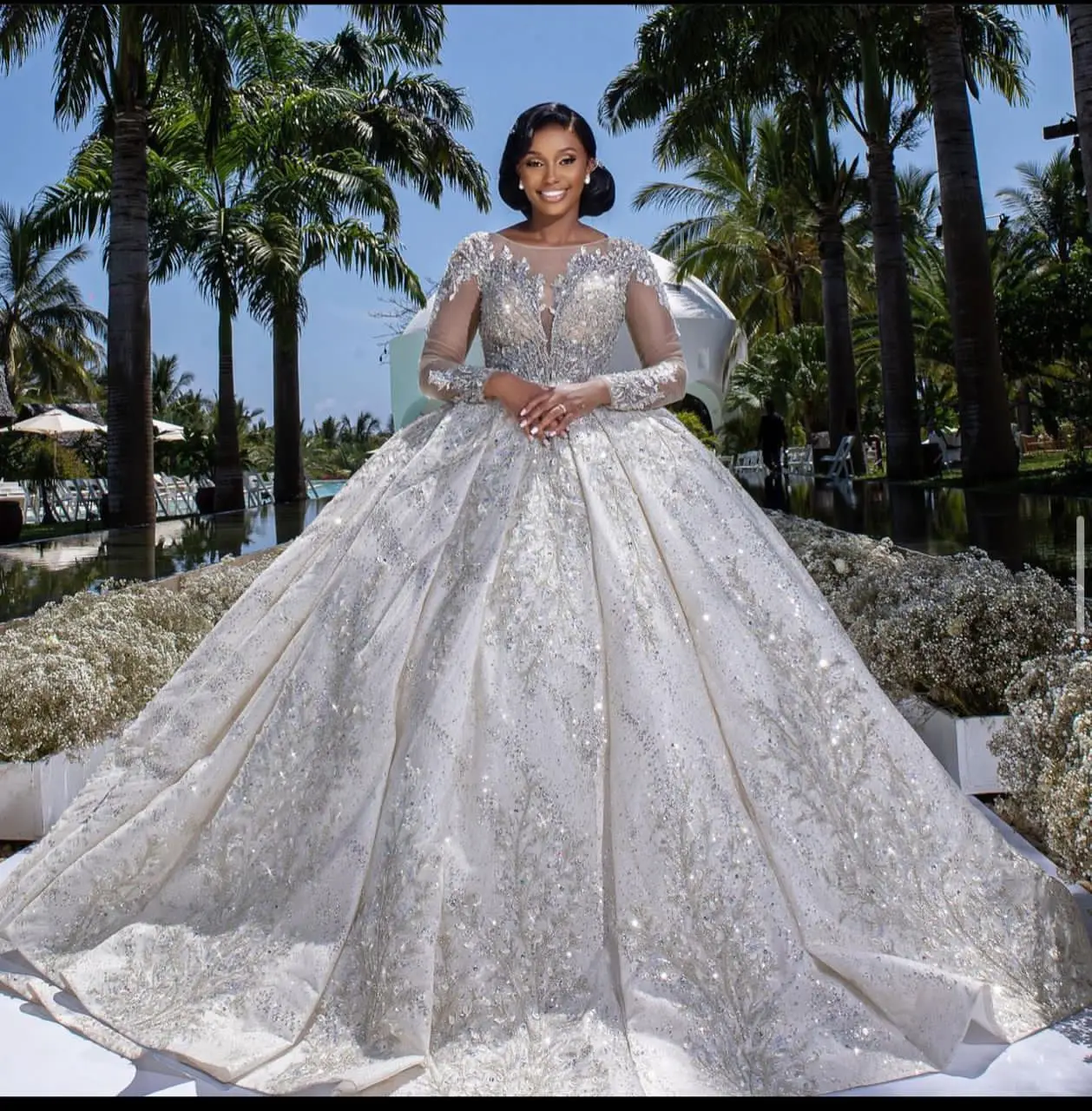 

Luxury Sparkly Ball Gown Wedding Dress Deep V-Neck with Sheer Tulle Long Sleeves Beaded Appliques