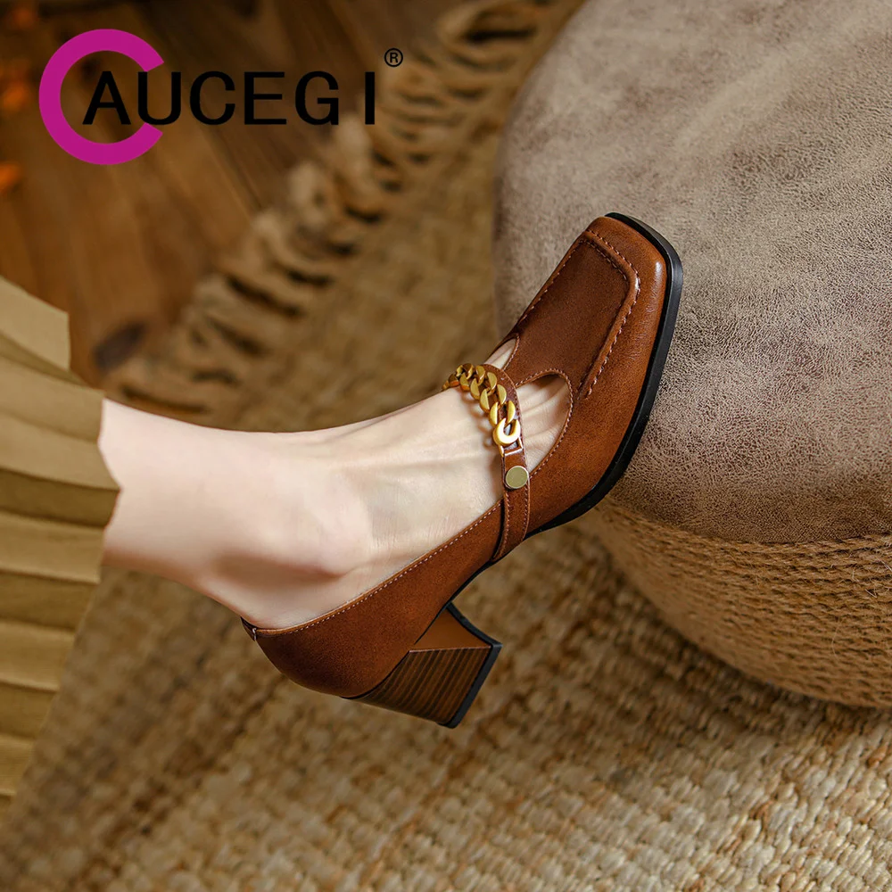 Aucegi Genuine Leather Fashion Square Toe Med Heels Pumps Spring Mature Dating T-Strap Buckle Mary Janes Shallow Women Shoes