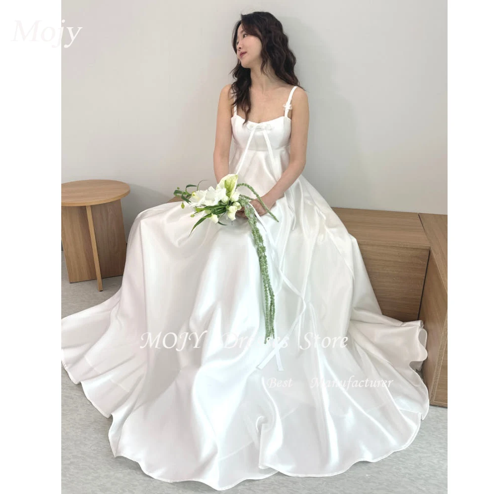 

Mojy Simple Ivory Scoop Neck Wedding Dress Spaghetti Straps A Line Bridal Gown Floor Length Soft Satin Corset Customized