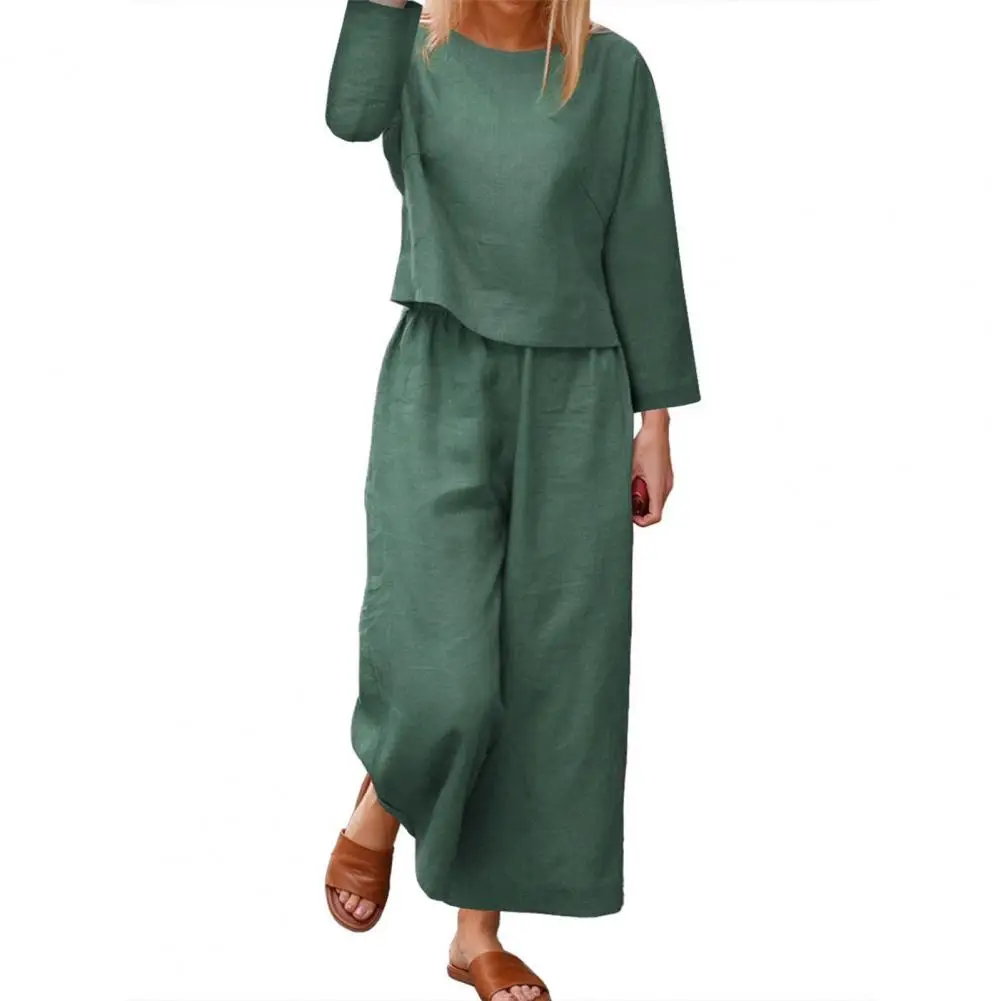 Solid Color T-shirt Pants Set Elegant Women's Top Pants Set with Long Sleeves Round Neck T-shirt Elastic Waist Trousers for Fall