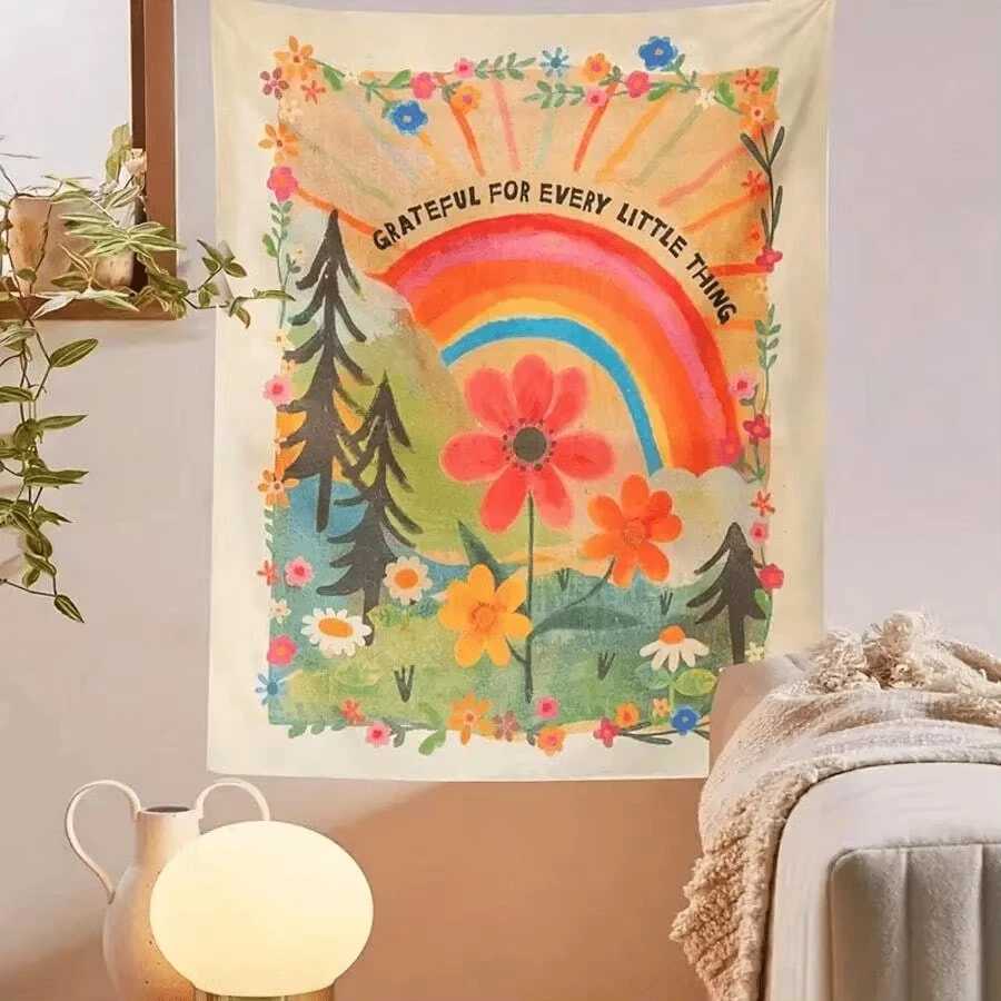 

Boho Rainbow Floral Tapestry Home Decoration “Grateful For Every Little Thing” Wall Hanging For Bedroom Living Room Dorm Flag