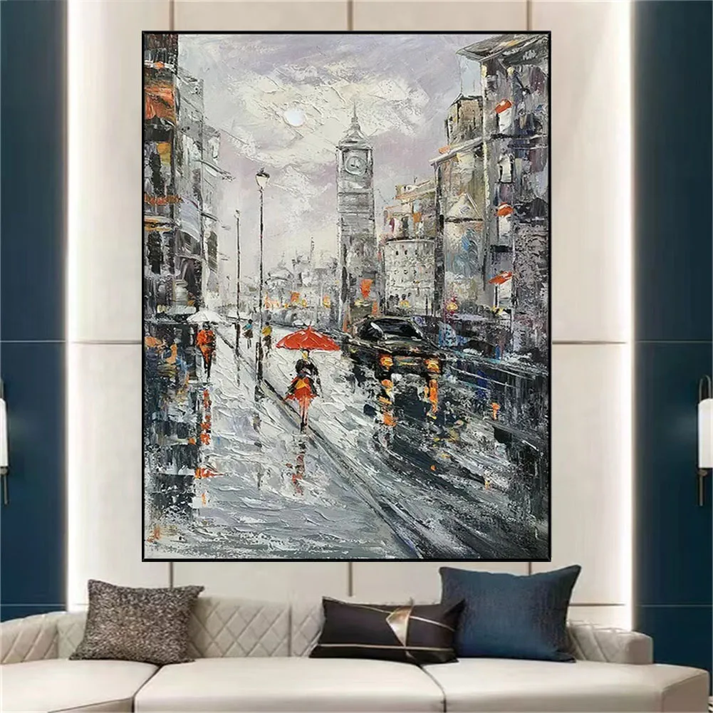 100% Hand-Painted Paintings On Canvas Popular Nordic Street View Wall Art Pictures For Living Room Decor Painting As A Present