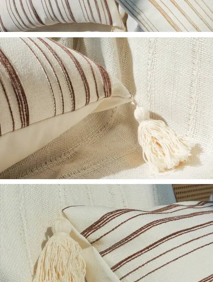 Boho Weiche & Gemütliche Kissenbezüge Gestreifte Quadratische Neutrale Kissenhüllen mit Quasten Landhaus-Stil Sofakissenbezug für Sofa und Bett – Detail 4