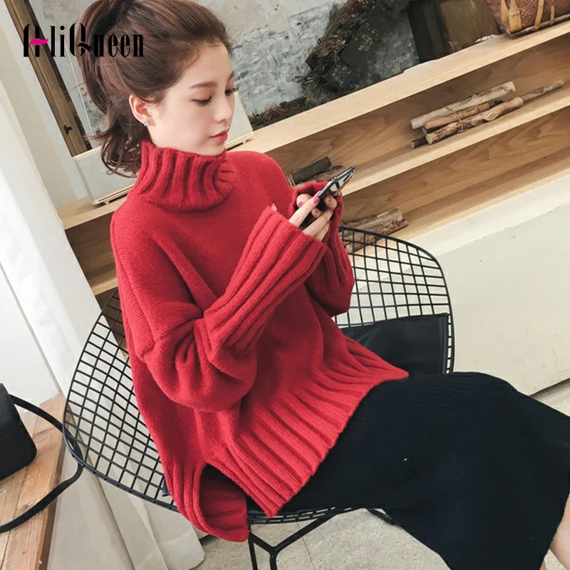 

2023 AutumnWomen Thick Long Sleeve Turtleneck Knitted Loose Crop Sweaters Pullover Korean Female Winter Warm Side Split Sweater