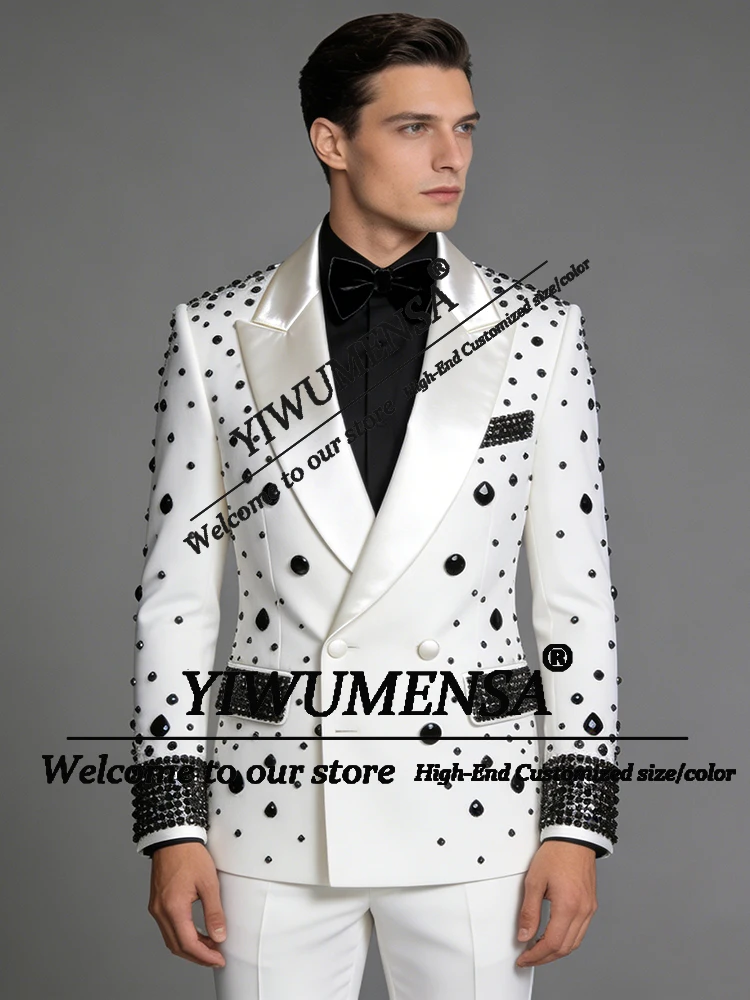 Luxury Diamond Beaded Suits Men 2 Piece Sets Doule Breasted Jacket Pants Slim Fit Groom Formal Wear Wedding Tuxedos Customized