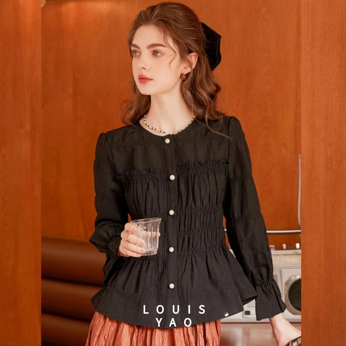 LOUISYAO Puff Long Sleeve Shirt 2025 Spring Round Collar Shoulder Slim Women's Shirt Stretchless Cardigan Women's Tops