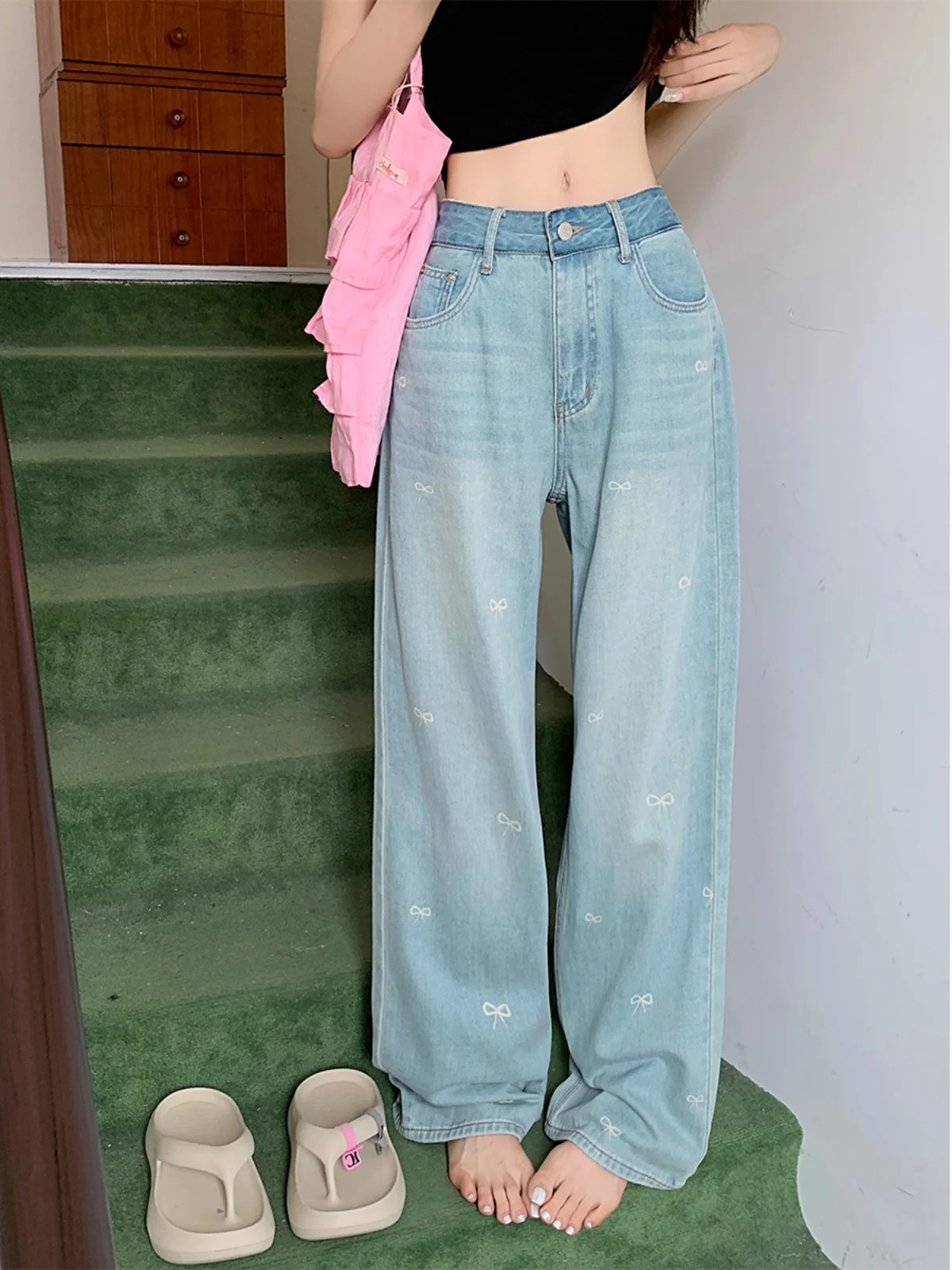 

Slimming Wide Leg Jeans Women's High Waist hine Embroidery Straight Leg Denim Pants Autumn Design Knot plus Size
