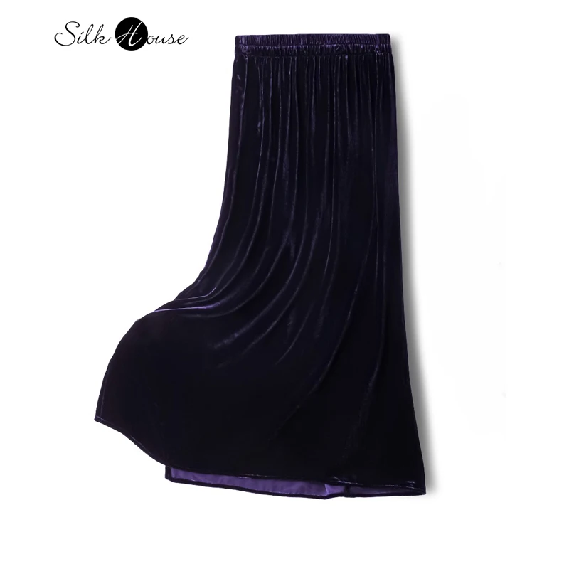 

Women's Fashion Autumn New 30% Natural Mulberry Silk Velvet Retro Versatile Dark Purple Elastic Waist Straight Tube Skirt