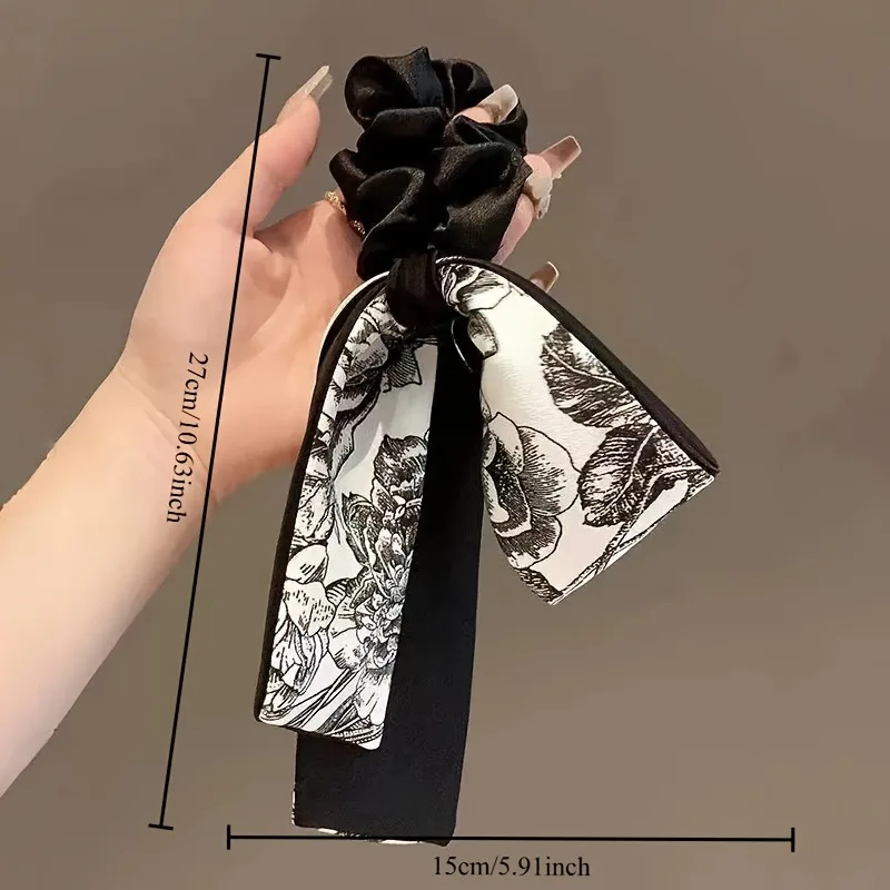 Black Velvet Retro Art Black White Printed Long Ribbon Hairband Bow Shaped Women Curling Elegant Fashion Versatile Decorative image 5