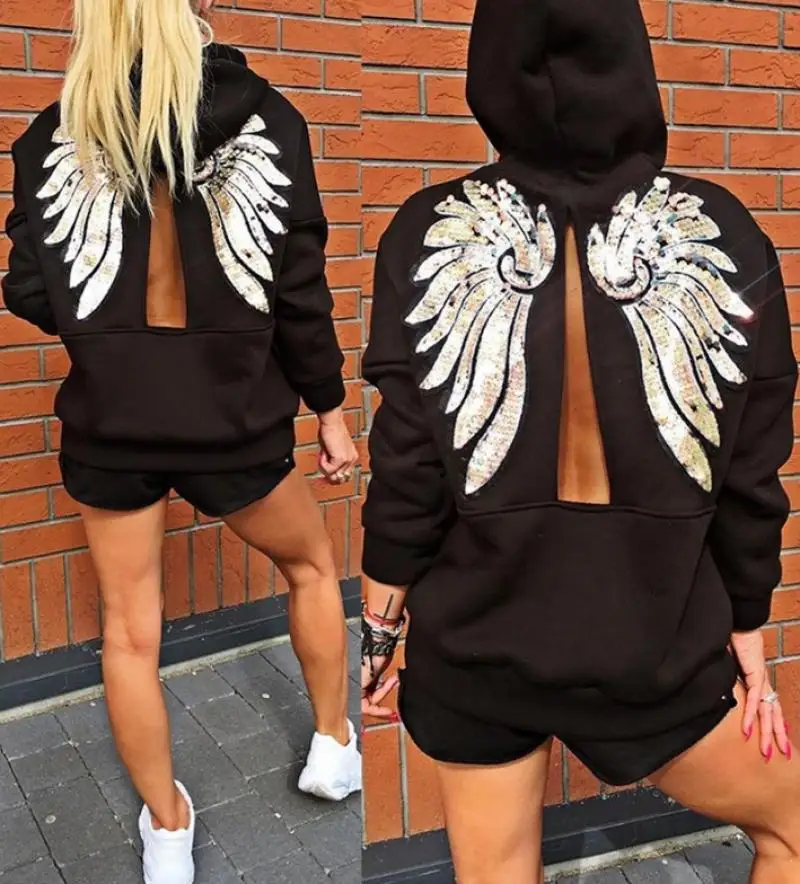 

Elegant Women's Sets Autumn Casual Sequin Wings Pattern Back Slit Hooded Sweatshirt Daily Loose High Waisted Pocket Shorts Set